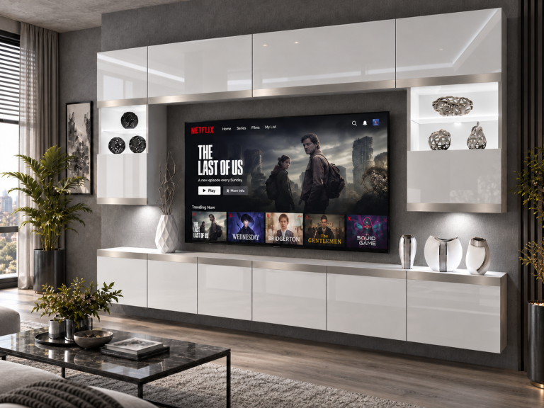 Obývací stěna Prestige 300 cm TV/RTV bílá lesk Výrobce IMP P2 Nolan 1/5/W/W/0/0/SL