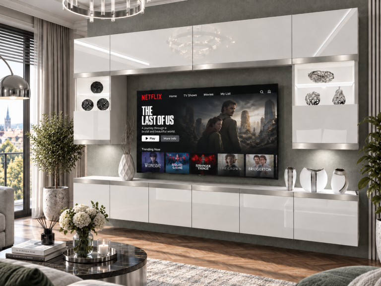 Obývací stěna Prestige 300 cm TV/RTV bílá lesk Výrobce IMP P2 Nolan 1/5/W/W/0/0/SL