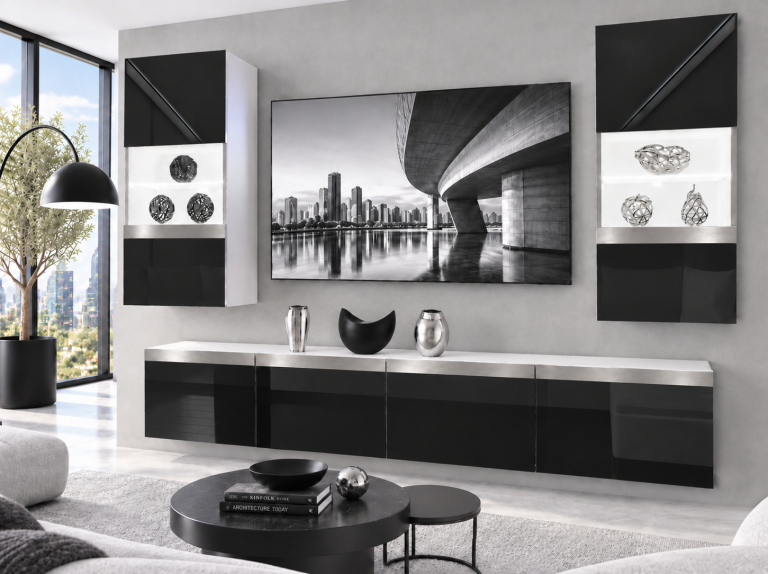 Obývací stěna Prestige 200 cm TV/RTV černá lesk Výrobce IMP P Keanu 7/5/W/B/0/0/SL
