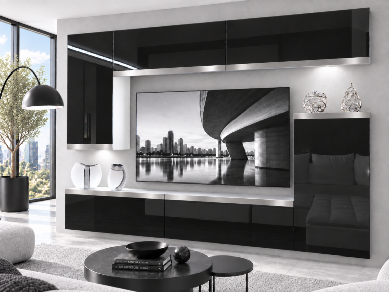 Obývací stěna Prestige 250 cm TV/RTV černá lesk Výrobce IMP P Woody 8/5/W/B/0/0/SL