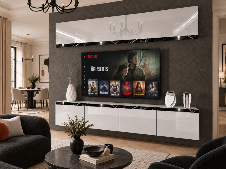 Obývací stěna Prestige 200 cm TV/RTV bílá lesk Výrobce IMP P Brando 6/5/W/W/0/0/CS