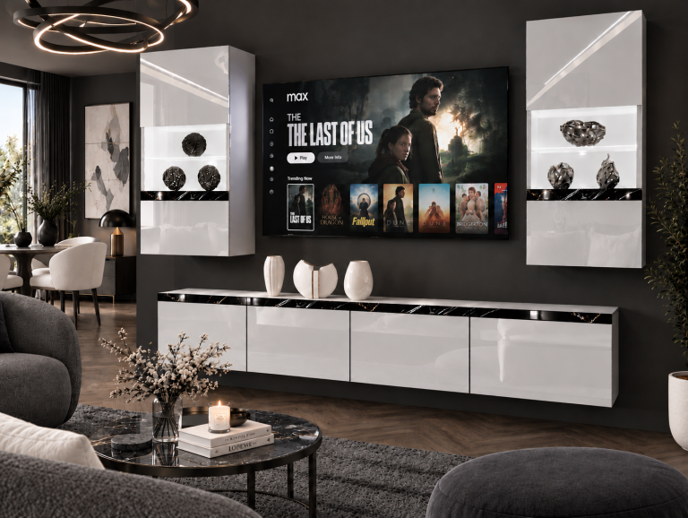 Obývací stěna Prestige 200 cm TV/RTV bílá lesk Výrobce IMP P Keanu 7/5/W/W/0/0/CS