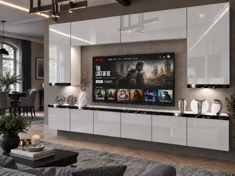 Obývací stěna Prestige 300 cm TV/RTV bílá lesk Výrobce IMP P Monroe 2/5/W/W/0/0/CS