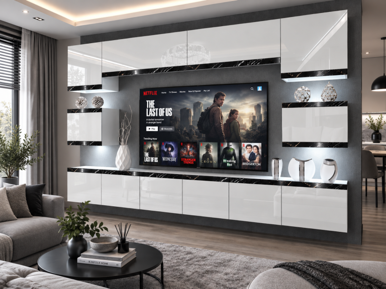 Obývací stěna Prestige 300 cm TV/RTV bílá lesk Výrobce IMP P Tarantino 3/5/W/W/0/0/CS