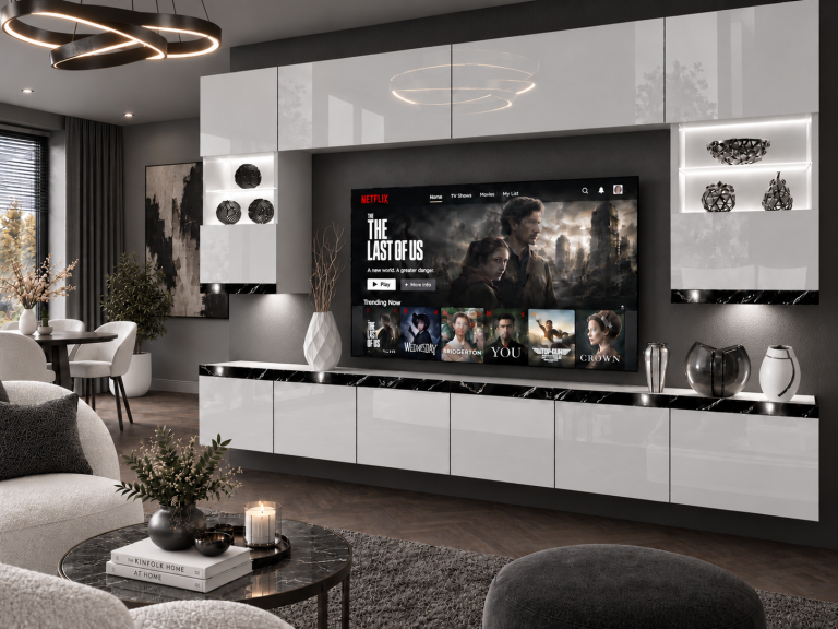 Obývací stěna Prestige 300 cm TV/RTV bílá lesk Výrobce IMP P1 Nolan 1/5/W/W/0/0/CS
