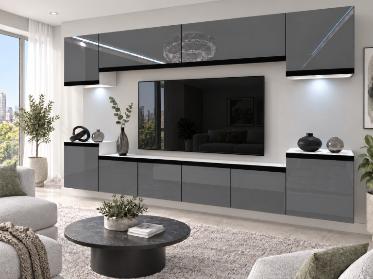 Obývací stěna Prestige 300 cm TV/RTV šedá lesk Výrobce IMP P Hepburn 4/5/W/S/0/0/CM