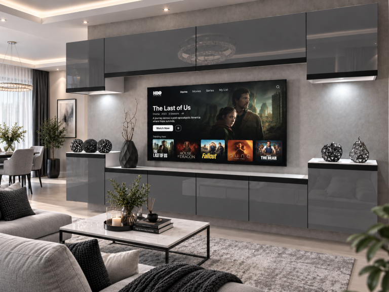 Obývací stěna Prestige 300 cm TV/RTV šedá lesk Výrobce IMP P Hepburn 4/5/W/S/0/0/CM