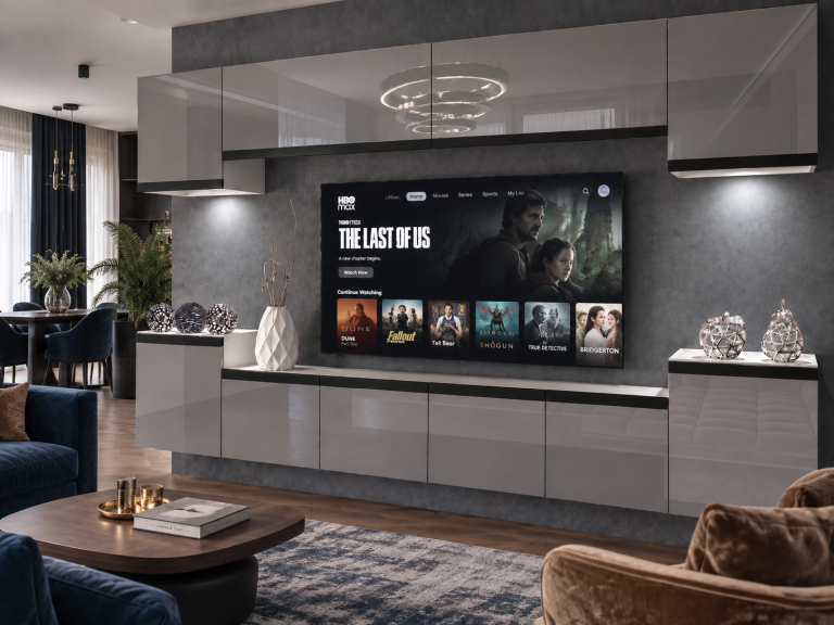 Obývací stěna Prestige 300 cm TV/RTV šedá lesk Výrobce IMP P Hepburn 4/5/W/S/0/0/CM