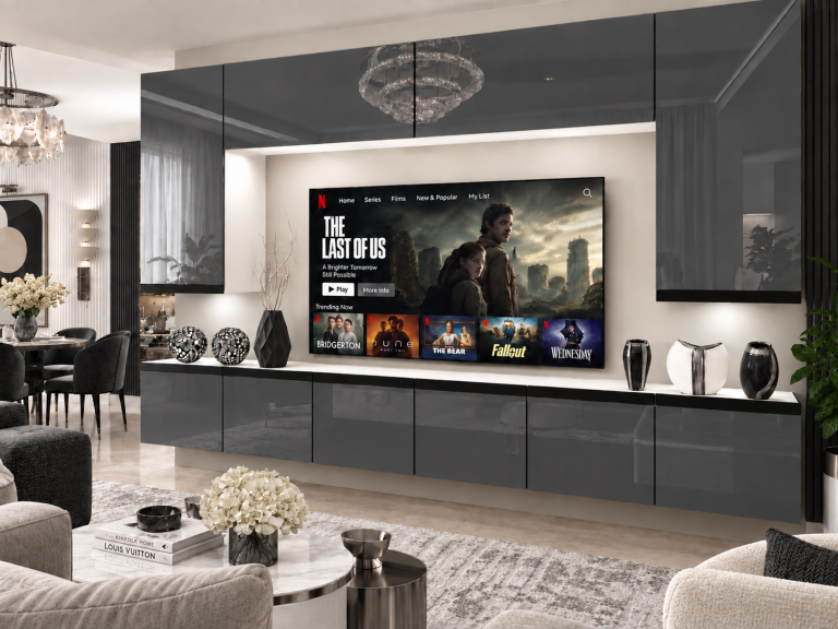 Obývací stěna Prestige 300 cm TV/RTV šedá lesk Výrobce IMP P Monroe 2/5/W/S/0/0/CM