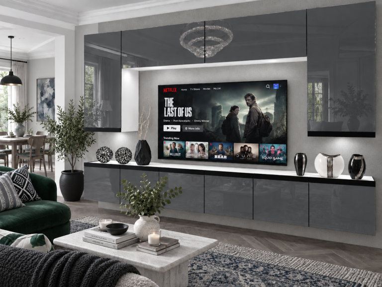 Obývací stěna Prestige 300 cm TV/RTV šedá lesk Výrobce IMP P Monroe 2/5/W/S/0/0/CM