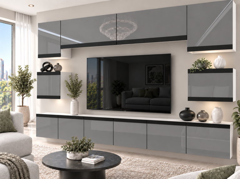 Obývací stěna Prestige 300 cm TV/RTV šedá lesk Výrobce IMP P Tarantino 3/5/W/S/0/0/CM