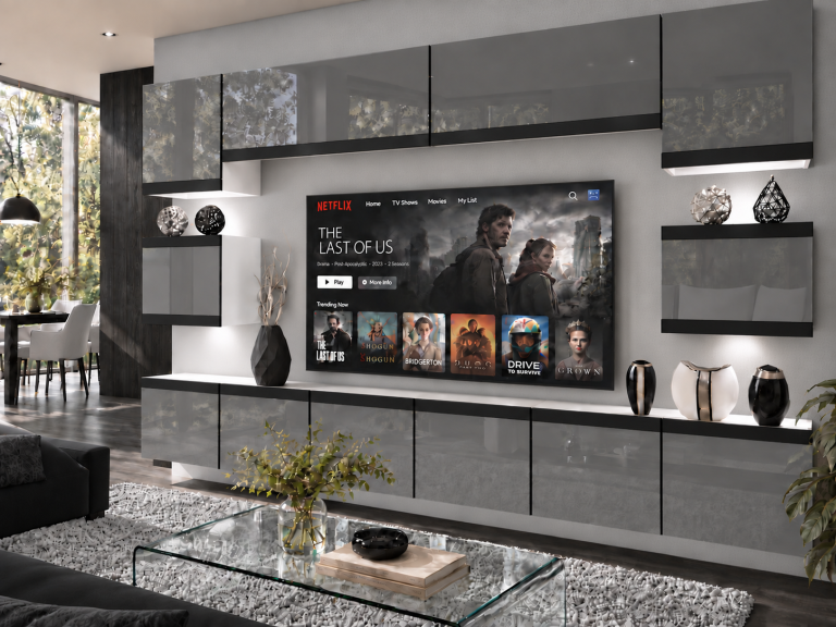 Obývací stěna Prestige 300 cm TV/RTV šedá lesk Výrobce IMP P Tarantino 3/5/W/S/0/0/CM
