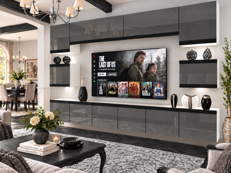 Obývací stěna Prestige 300 cm TV/RTV šedá lesk Výrobce IMP P Tarantino 3/5/W/S/0/0/CM