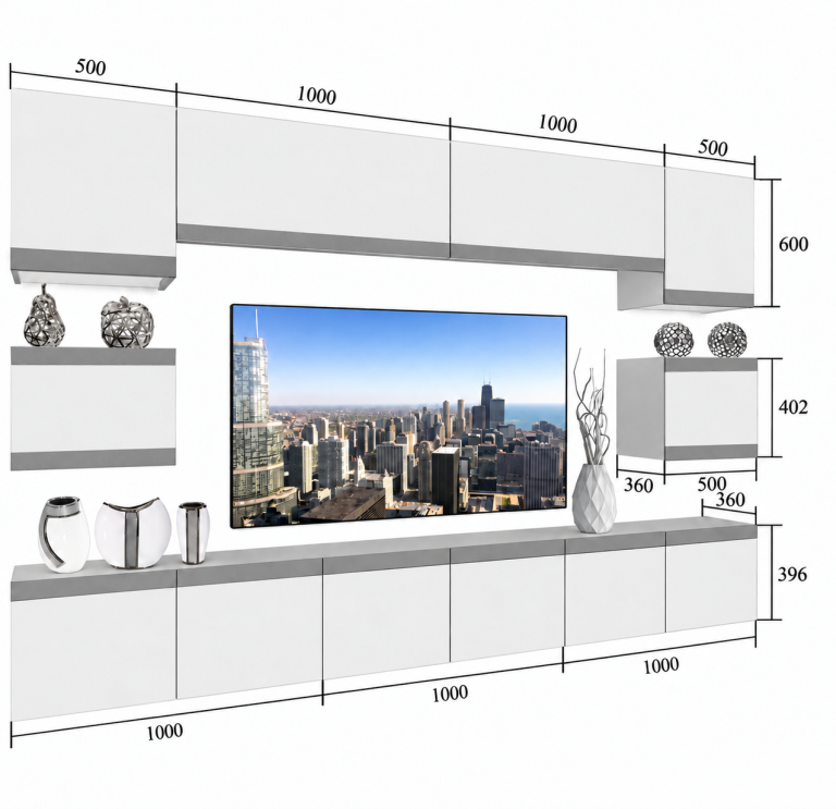 Obývací stěna Prestige 300 cm TV/RTV šedá lesk Výrobce IMP P Tarantino 3/5/W/S/0/0/CM