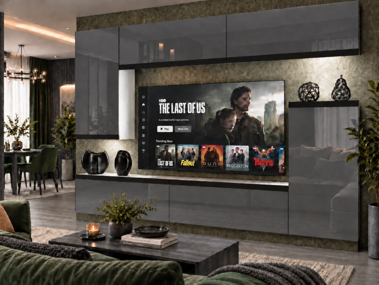 Obývací stěna Prestige 250 cm TV/RTV šedá lesk Výrobce IMP P Woody 8/5/W/S/0/0/CM