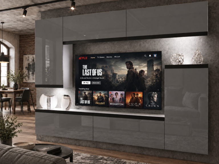 Obývací stěna Prestige 250 cm TV/RTV šedá lesk Výrobce IMP P Woody 8/5/W/S/0/0/CM