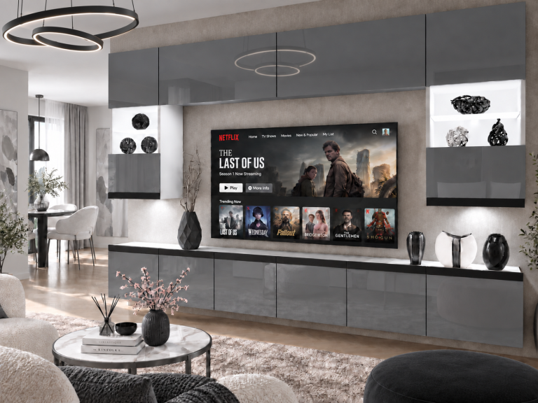 Obývací stěna Prestige 300 cm TV/RTV šedá lesk Výrobce IMP P1 Nolan 1/5/W/S/0/0/CM
