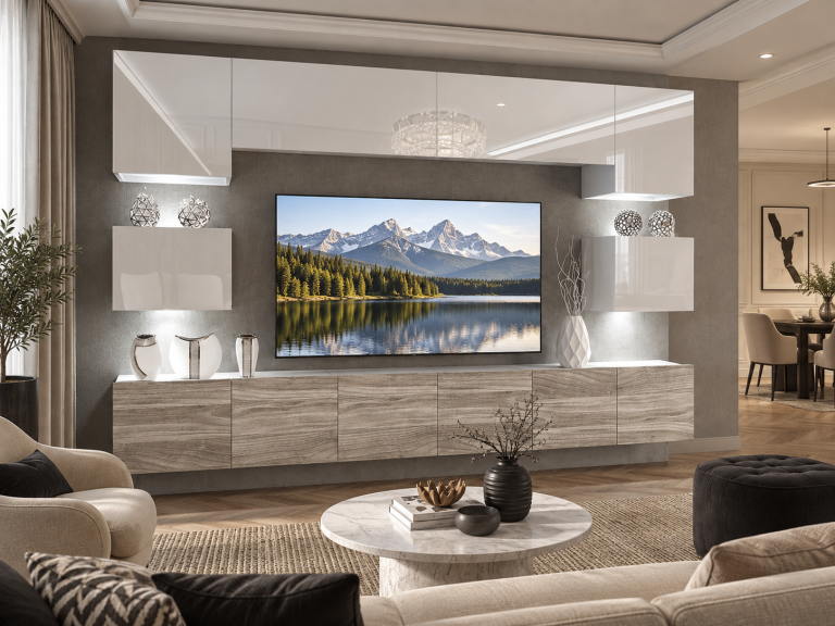 Obývací stěna 300 cm Belini bílý lesk / šedý antracit Glamour Wood Imperium 3 Výrobce IMP 3/5/W/WGW1/0/0