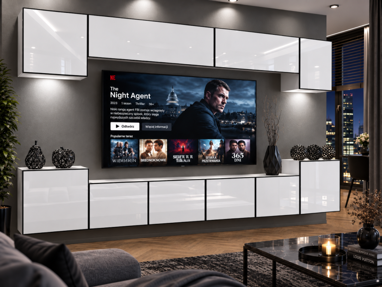 Obývací stěna Linea 300 cm TV/RTV bílá lesk Výrobce IMP L Hepburn 4/5/W/W/0/0