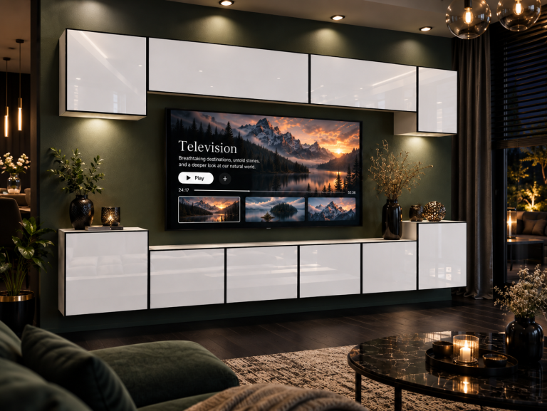 Obývací stěna Linea 300 cm TV/RTV bílá lesk Výrobce IMP L Hepburn 4/5/W/W/0/0