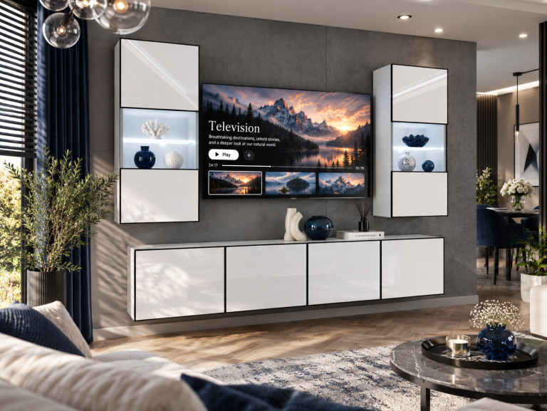 Obývací stěna Linea 200 cm TV/RTV bílá lesk Výrobce IMP L Keanu 7/5/W/W/0/0
