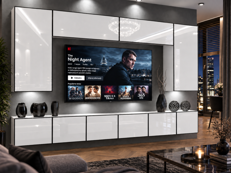 Obývací stěna Linea 300 cm TV/RTV bílá lesk Výrobce IMP L Monroe 2/5/W/W/0/0