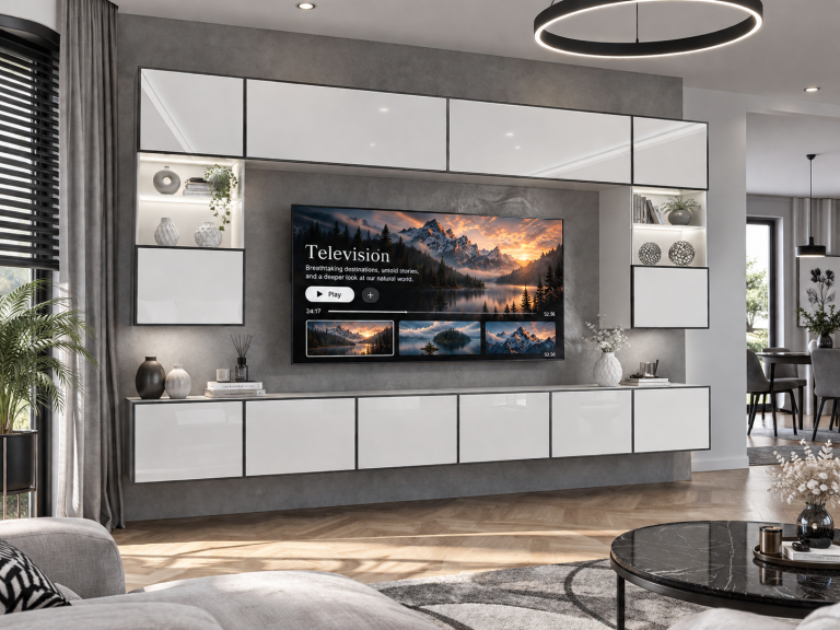 Obývací stěna Linea 300 cm TV/RTV bílá lesk Výrobce IMP L Nolan 1/5/W/W/0/0