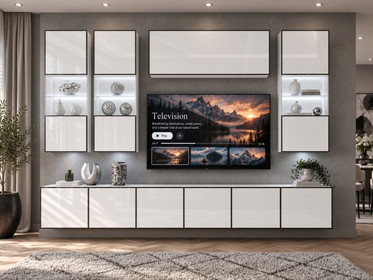 Obývací stěna Linea 300 cm TV/RTV bílá lesk Výrobce IMP L Pacino 5/5/W/W/0/0