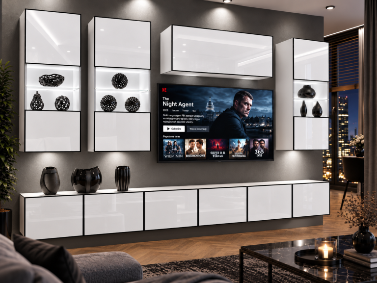 Obývací stěna Linea 300 cm TV/RTV bílá lesk Výrobce IMP L Pacino 5/5/W/W/0/0