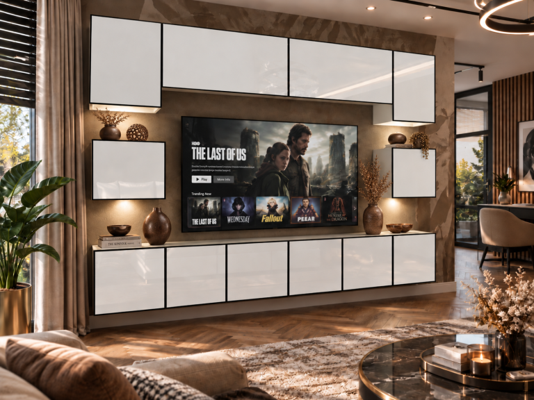Obývací stěna Linea 300 cm TV/RTV bílá lesk Výrobce IMP L Tarantino 3/5/W/W/0/0