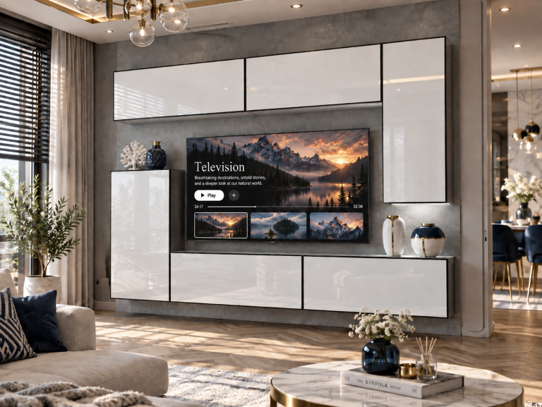 Obývací stěna Linea 250 cm TV/RTV bílá lesk Výrobce IMP L Woody 8/5/W/W/0/0
