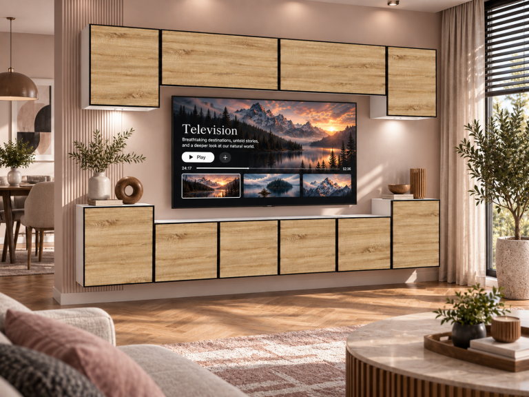 Obývací stěna Linea 300 cm TV/RTV dubová dub wotan dub sonoma Výrobce IMP L Hepburn 4/5/W/DS/0/0