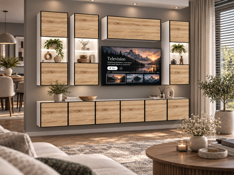 Obývací stěna Linea 300 cm TV/RTV dubová dub wotan dub sonoma Výrobce IMP L Pacino 5/5/W/DS/0/0