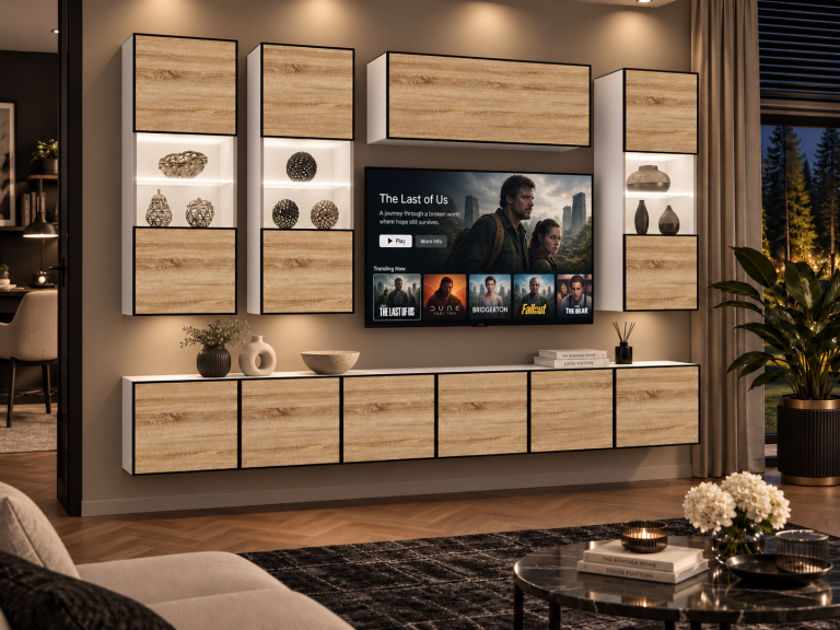 Obývací stěna Linea 300 cm TV/RTV dubová dub wotan dub sonoma Výrobce IMP L Pacino 5/5/W/DS/0/0