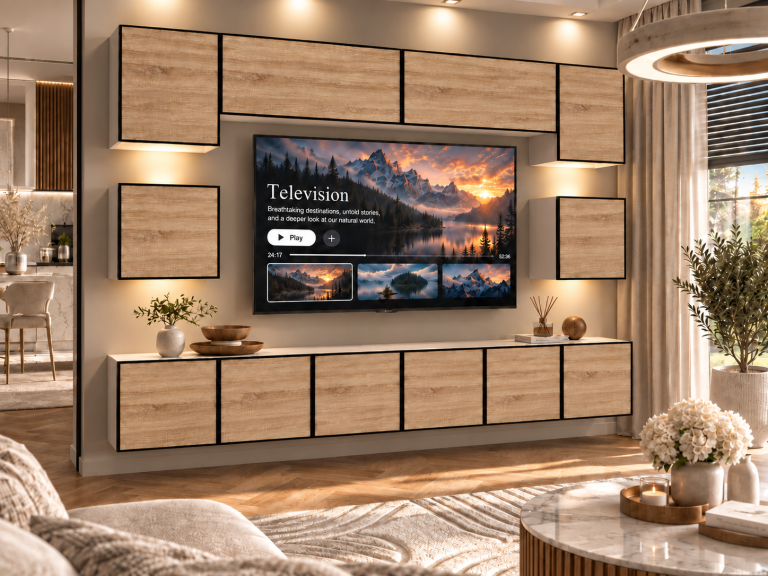 Obývací stěna Linea 300 cm TV/RTV dubová dub wotan dub sonoma Výrobce IMP L Tarantino 3/5/W/DS/0/0