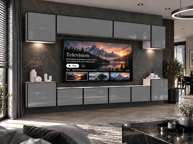 Obývací stěna Linea 300 cm TV/RTV šedá lesk Výrobce IMP L Hepburn 4/5/W/S/0/0