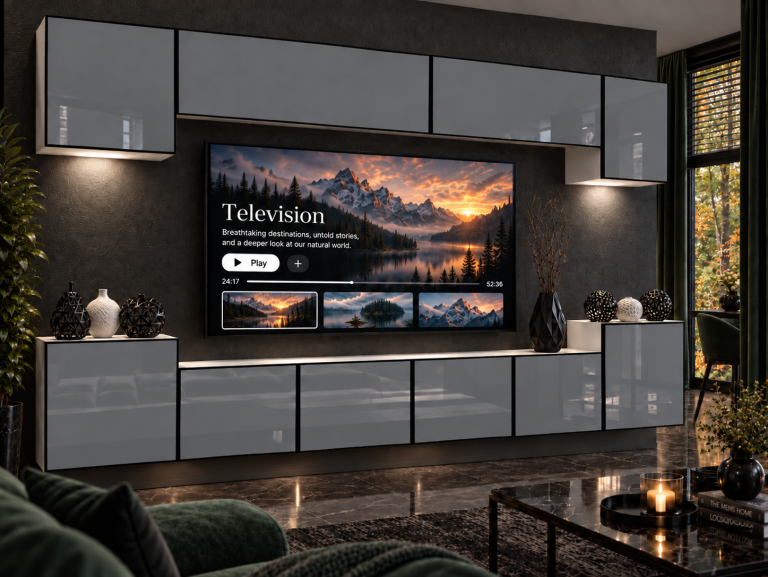Obývací stěna Linea 300 cm TV/RTV šedá lesk Výrobce IMP L Hepburn 4/5/W/S/0/0