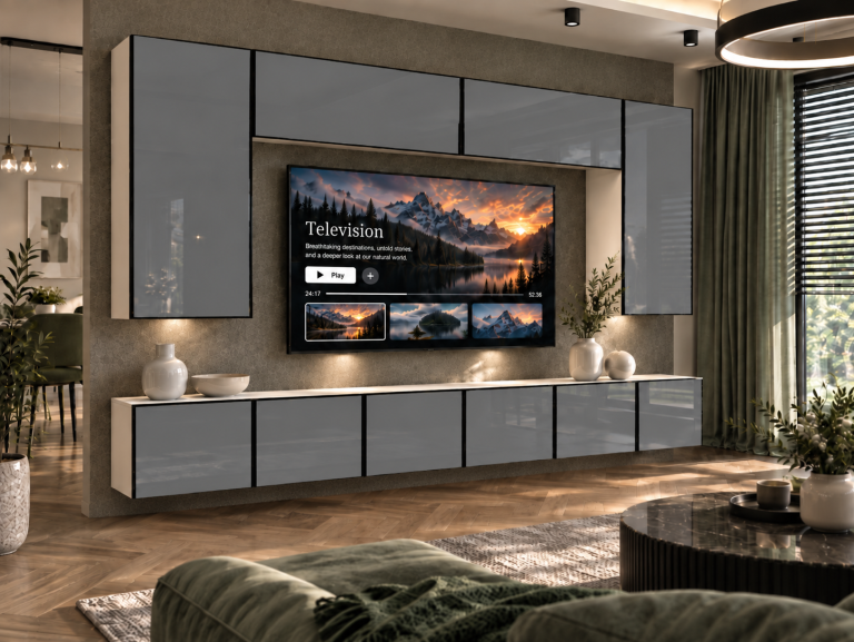 Obývací stěna Linea 300 cm TV/RTV šedá lesk Výrobce IMP L Monroe 2/5/W/S/0/0