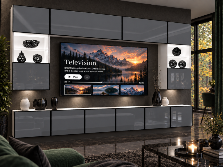 Obývací stěna Linea 300 cm TV/RTV šedá lesk Výrobce IMP L Nolan 1/5/W/S/0/0