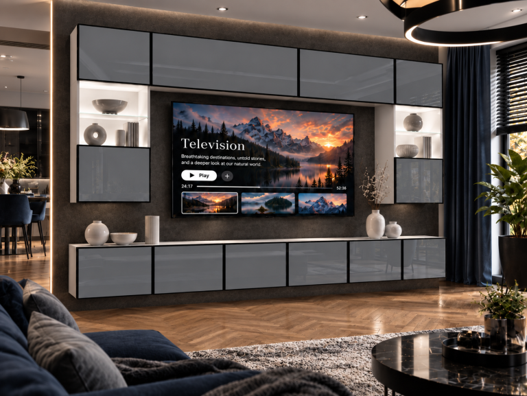 Obývací stěna Linea 300 cm TV/RTV šedá lesk Výrobce IMP L Nolan 1/5/W/S/0/0