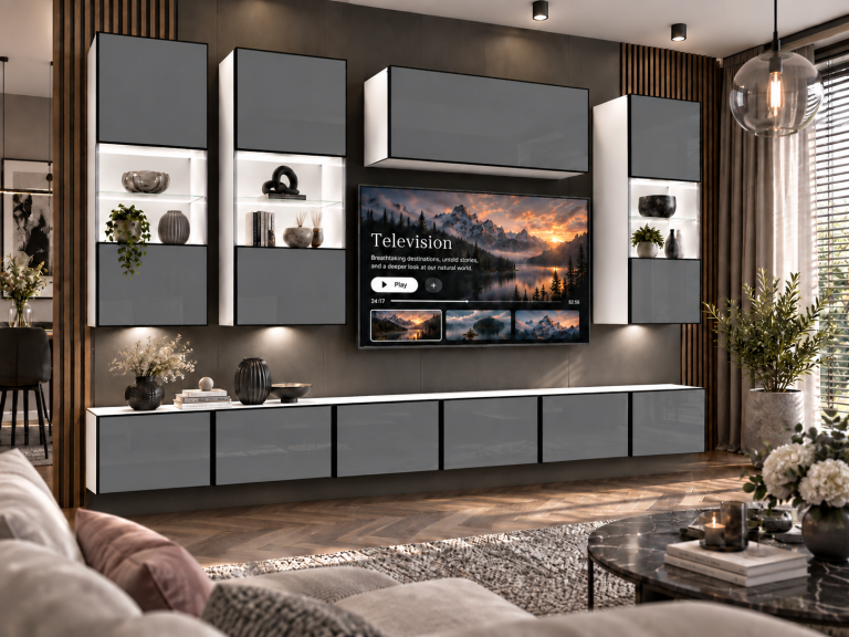 Obývací stěna Linea 300 cm TV/RTV šedá lesk Výrobce IMP L Pacino 5/5/W/S/0/0