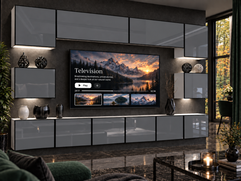 Obývací stěna Linea 300 cm TV/RTV šedá lesk Výrobce IMP L Tarantino 3/5/W/S/0/0