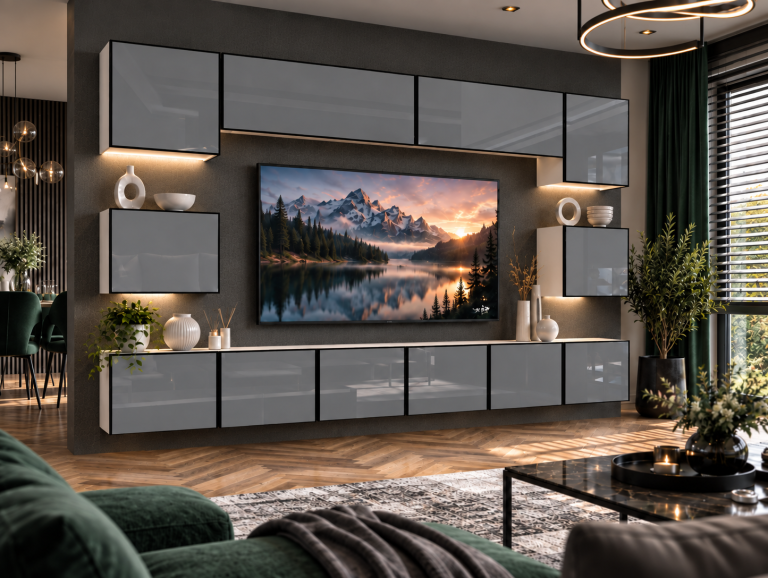 Obývací stěna Linea 300 cm TV/RTV šedá lesk Výrobce IMP L Tarantino 3/5/W/S/0/0