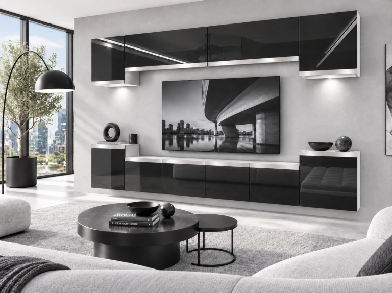 Obývací stěna Prestige 300 cm TV/RTV černá lesk Výrobce IMP P Hepburn 4/5/W/B/0/0/SL