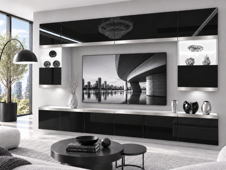 Obývací stěna Prestige 300 cm TV/RTV černá lesk Výrobce IMP P2 Nolan 1/5/W/B/0/0/SL