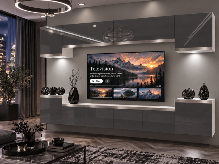 Obývací stěna Prestige 300 cm TV/RTV šedá lesk Výrobce IMP P Hepburn 4/5/W/S/0/0/SL