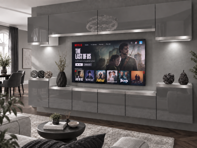 Obývací stěna Prestige 300 cm TV/RTV šedá lesk Výrobce IMP P Hepburn 4/5/W/S/0/0/SL