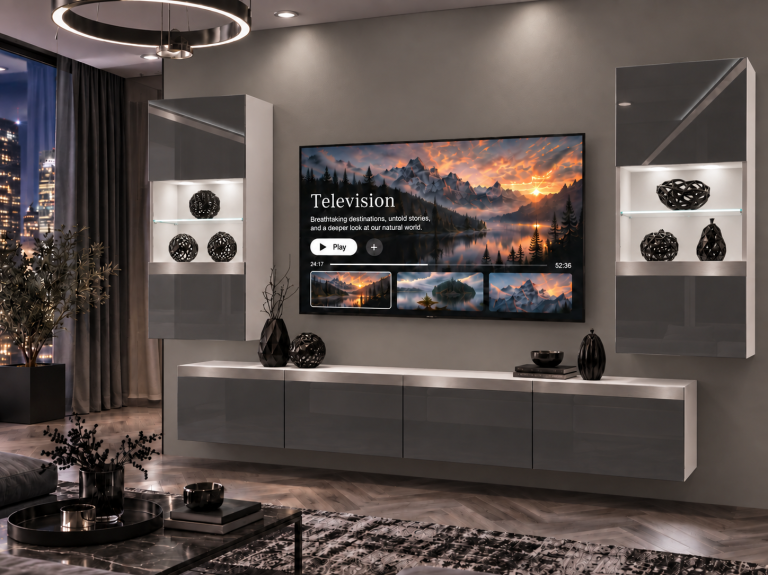 Obývací stěna Prestige 200 cm TV/RTV šedá lesk Výrobce IMP P Keanu 7/5/W/S/0/0/SL