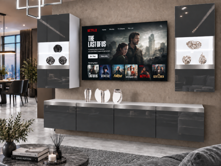 Obývací stěna Prestige 200 cm TV/RTV šedá lesk Výrobce IMP P Keanu 7/5/W/S/0/0/SL