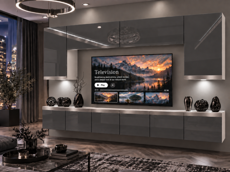 Obývací stěna Prestige 300 cm TV/RTV šedá lesk Výrobce IMP P Monroe 2/5/W/S/0/0/SL